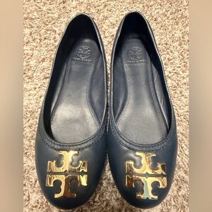 Tory Burch Navy Leather Ballet Flats with Gold Logo